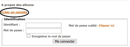 Capture d'écran de l'interface d'identification comptes utilisateurs avec le lien "se créer un compte" entouré