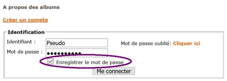 Capture d'écran du menu d'identification des comptes utilisateurs avec la case "enregistrer mon mot de passe" cochée et entourée