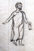Dessin au crayon et à l'encre représentant Diogène, le philosophe de l'Antiquité, vêtu d'une toge et tenant sa lanterne à la main.