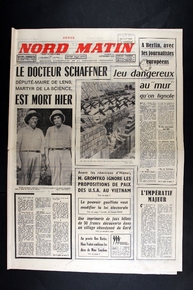 Une de Nord Matin du 24 septembre 1966 sur laquelle on remarque un article consacré à la mort d'Ernest Schnaffer ainsi qu'une photographie noir et blanc de ce dernier avec la légende "Disciple du Docteur Schweitzer qu'il rencontra à Lambarené, le Docteur Schnaffer était, lui aussi, un héros de la science".