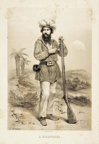 Gravure monochrome montrant d'un homme barbu en pied, appuyé sur un long fusil.