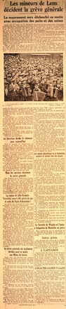 Article de presse commençant par "Les mineurs de Lens décident la grève générale. Le mouvement sera déclenché ce matin avec occupation des puits et des usines".