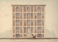 Plan d'architecte aquarellé montrant la façade principale d'un bâtiment.