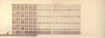 Plan d'architecte montrant une façade latérale, en partie aquarellée, d'un bâtiment.