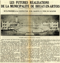 Article de presse accompagné d'une photographie noir et blanc de la maquette de la nouvelle piscine.