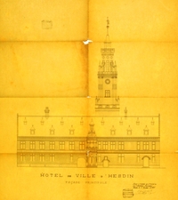 Calque d'architecture représentant une coupe de l'hôtel de ville d'Hesdin.