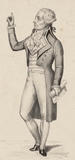 Portrait en pied de Robespierre levant l'index de la main droite et tenant un texte roulé dans l'autre main. 