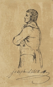 Dessin de Joseph Lebon tourné de trois-quart, les bras croisés, qui regarde devant lui. En dessous du dessin se trouve sa signature manuscrite.