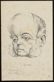 Caricature monochrome montrant une grosse tête d'homme au front disproportionné.
