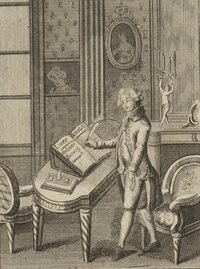 Gravure monochrome montrant un homme tenant une plume, penché au-dessus d'un livre ouvert.