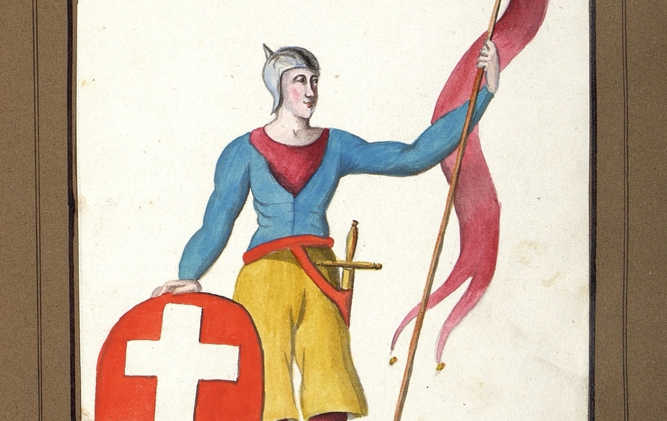 Homme de face avec le visage de profil tenant un bouclier rouge avec une croix blanche de la main droite et dans la main gauche une lance sur laquelle est fixé une drapeau rouge.  L'homme est vêtu d'un justaucorps bleu et rouge et porte une culotte et des chausses marrons.  Une épée est suspendue à sa ceinture rouge.  Il est coifé d'un heaume gris.