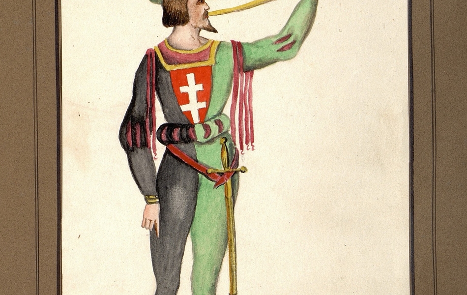 Homme de face avec le visage de profil soufflant dans un clairon.  L'homme est vêtu d'un justaucorps noir et vert avec un cimier rouge et blanc au centre.  Il porte des souliers marrons clairs et une épée est supendue à sa ceinture.  Il est coiffé d'un chapeau vert avec une plume rouge.