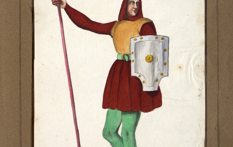Homme de profil tenant une lance dans la main droite et un bouclier dans la main gauche.  L'homme est vêtu d'une tunique rouge et jaune sur des collants verts et porte des souliers jaunes.  Il est coiffé d'un heaume gris qui recouvre une capuche rouge.