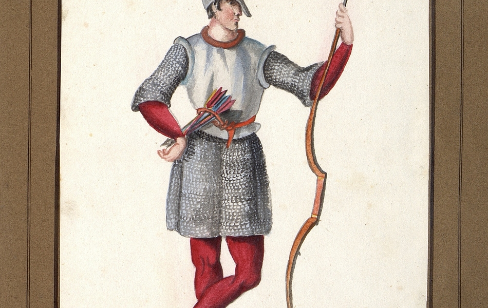 Homme de face avec le visage de profil tenant un arc dans la main gauche.  L'homme est vêtu d'une cotte de mailles et d'un plastron gris sur un justaucorps rouge et porte des chausses marrons.  Des flèches sont suspendues à sa ceinture rouge.  Il est coiffé d'un heaume gris.