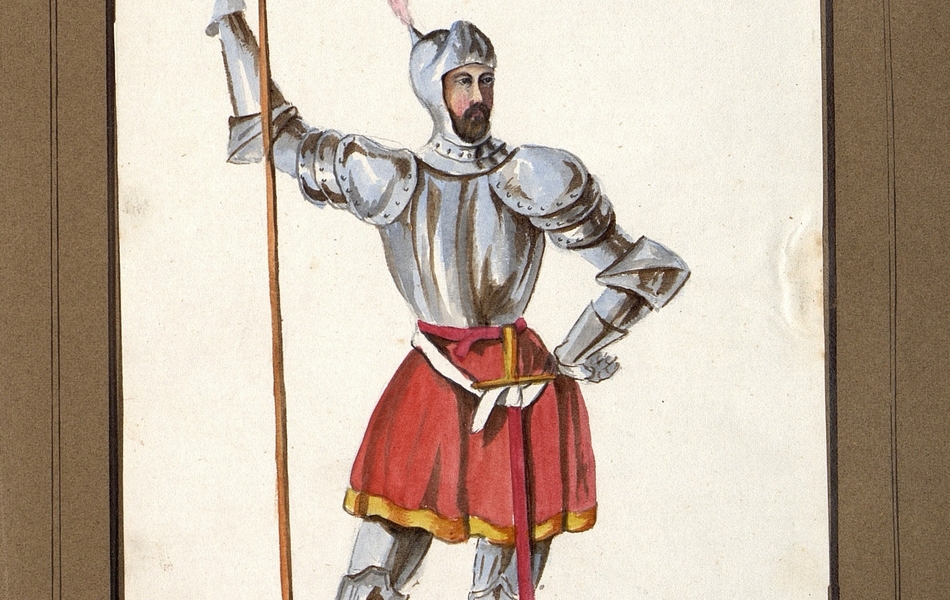Homme de face tenant une lance dans la main droite.  L'homme est vêtu d'une armure complète et porte une jupe rouge bordée d'or.  Une épée est suspendue à sa ceinture.  Il est coiffé d'un heaume gris avec une plume rose.