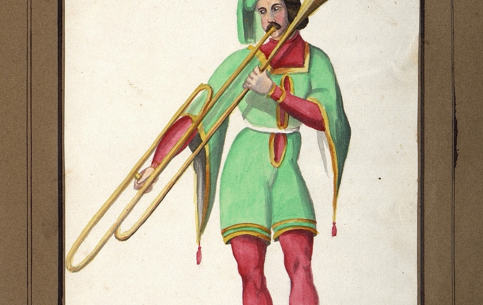 Homme de face soufflant dans un trombone.  L'homme est vêtu d'une tunique verte bordée d'or sur des collants rouges et porte des souliers marrons.  Il est coiffé d'un chaperon vert.