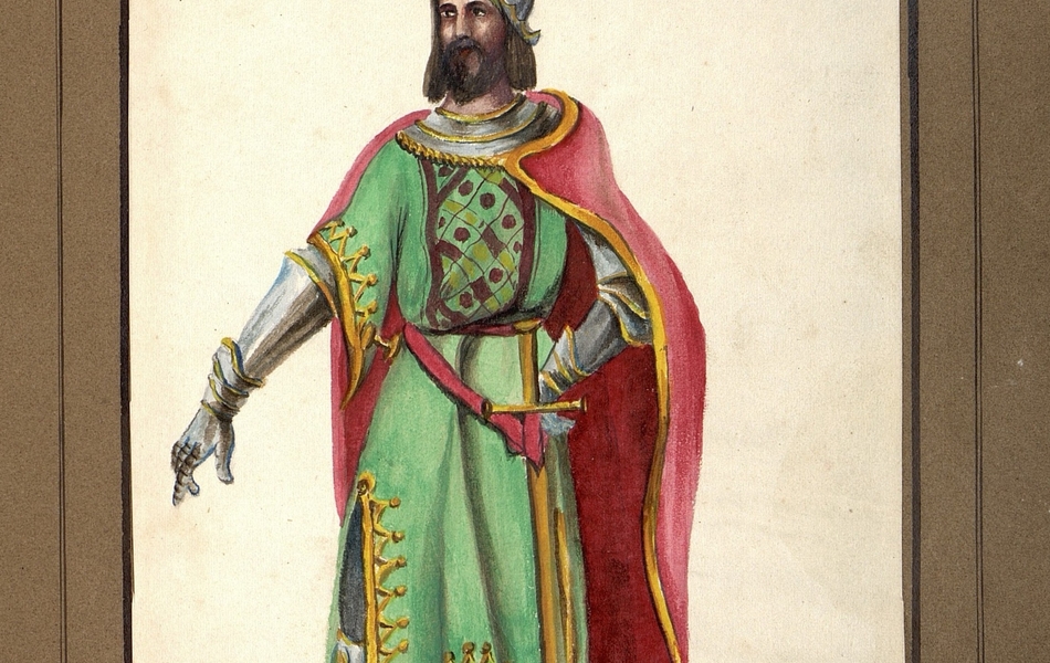 Homme de face vêtu d'une tunique verte bordée d'or et d'une cape rouge aussi bordée d'or sur une armure complète.  Une épée est supendue à sa ceinture.  Il est coiffé d'un heaume gris bordé d'or avec une plume blanche.