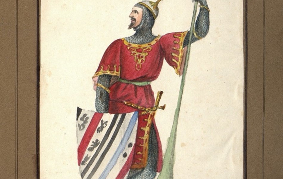 Homme de face avec le visage de profil tenant un bouclier dans la main droite et une lance dans la main gauche.  L'homme est vêtu d'une tunique rouge bordée d'or sur une cotte de mailles.  Une épée est suspendue à sa ceinture verte.  Il est coiffé d'un heaume gris bordé d'or avec une grande plume rose.