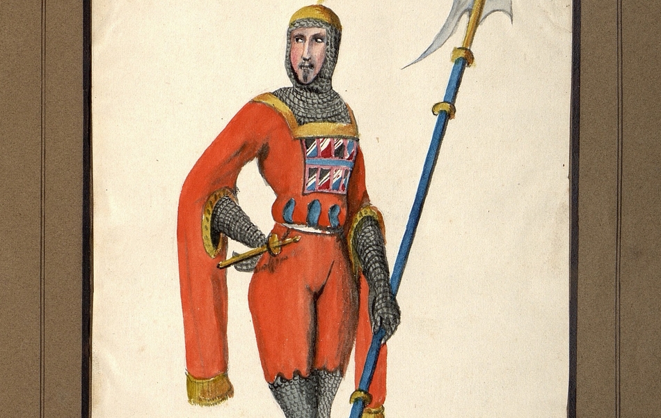 Homme de face tenant une hache dans la main gauche.  L'homme est vêtu d'une tunique orange sur une cotte de mailles et porte des chausses marrons.  Un glaive est suspendu à sa ceinture.  Il est coiffé d'un heaume d'or avec une plume jaune.
