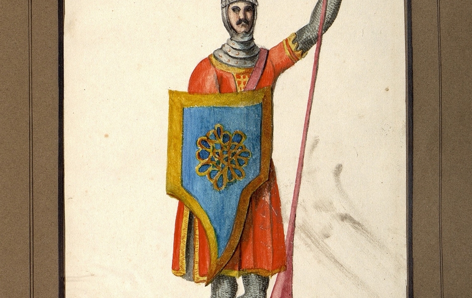 Homme de face tenant une lance rouge dans la main gauche et un bouclier bleu bordé d'or dans la main droit.  L'homme est vêtu d'une cotte de mailles et porte une tunique rouge bordée d'or.  Il est coiffé d'un heaume gris avec une petite plume bleue.