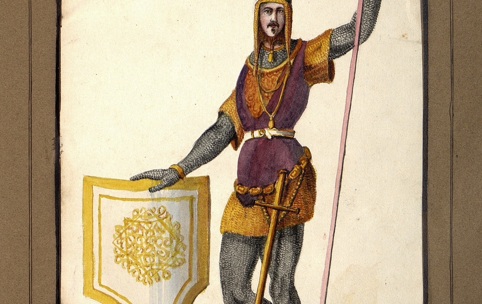 Homme de face tenant une lance dans la main gauche et un bouclier blanc bordé d'or dans la main droite.  L'homme est vêtu d'une tunique violette bordée d'or sur une cotte de maille et porte des éperons d'or.  Une longue épée est supendue à sa ceinture. Il est coiffé d'un heaume gris bordé d'or avec une plume blanche.