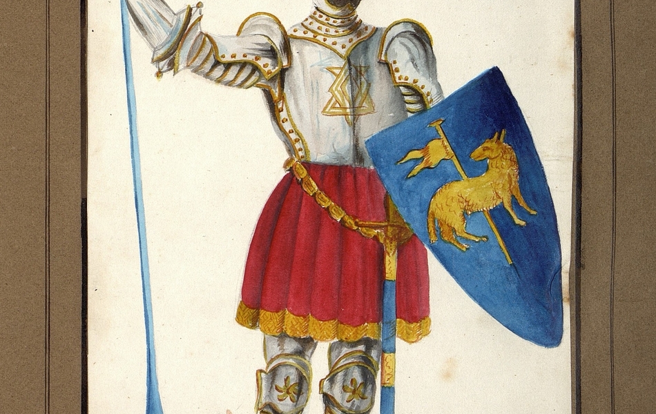 Homme de face tenant une lance bleue dans la main droite et un bouclier bleu avec un cimier d'or au centre dans la main gauche.  L'homme est vêtu d'une armure complète et porte une jupe rouge bordée d'or.  Une épée est suspendue à sa ceinture.  Il est coiffé d'un heaume gris bordé d'or avec une plume jaune.