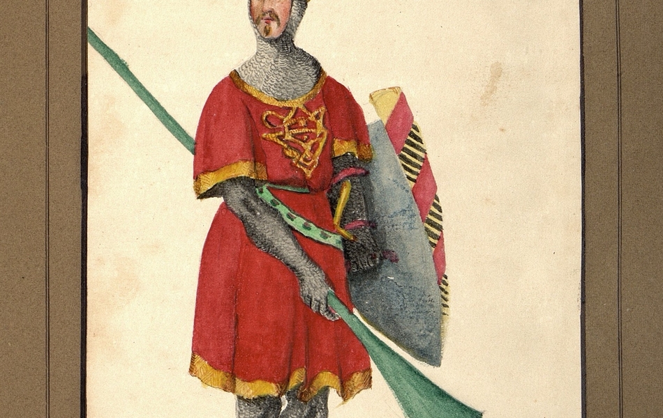 Homme de face avec le visage de profil tenant une lance verte dans la main droite et un bouclier dans la main gauche.  L'homme est vêtu d'une tunique rouge bordée d'or sur une cotte de mailles.  Une épée est suspendue à sa ceinture.  Il est coiffé d'un heaume d'or avec une plume verte.