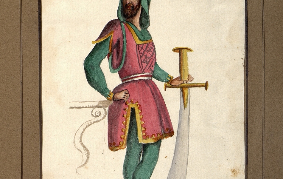 Homme de profil avec le visage de face tenant un sabre dans la main gauche.  L'homme est vêtu d'une tunique rouge bordée d'or sur un justaucorps vert et porte des chausses marrons avec des rayures noires.  Il est coiffé d'un chaperon vert.