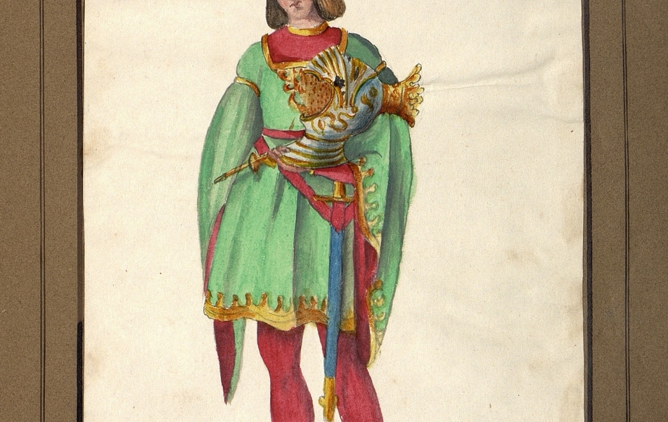 Homme de face portant un casque sur son bras gauche.  L'homme est vêtu d'une tunique verte bordée d'or sur des collants rouges et porte des souliers jaunes avec des rayures bleues.  Une épée est suspendue à sa ceinture.  Il est coiffé d'un chapeau rouge avec une grande plume verte.