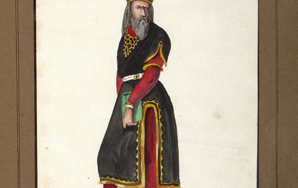 Homme de profil avec le visage de face vêtu d'une tunique noire bordée d'or sur des collants rouges ; il porte des chausses blanches avec des rayures noires.  Il est coiffé d'un chapeau noir bordé d'or et tient un livre vert.