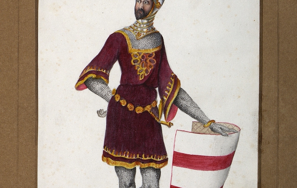 Homme de face avec le visage de profil, la main gauche posée sur un grand bouclier aux bandes rouges et blanches. L'homme est vêtu d'une tunique violette sur une cotte de mailles.  Une épée est suspendue à sa ceinture et il est coiffé d'un heaume gris bordé d'or avec une plume rose.