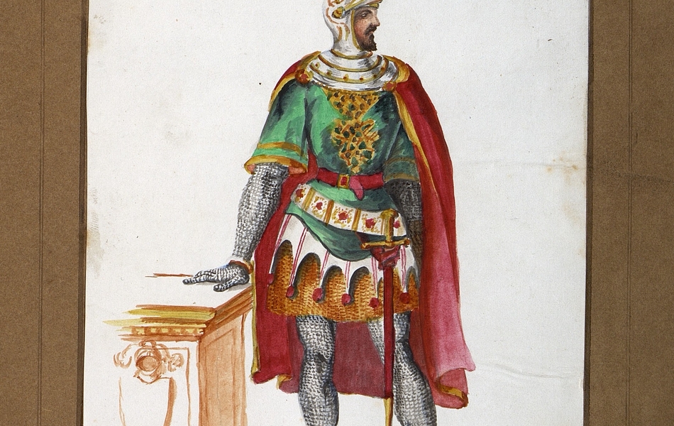 Homme de face avec le visage de profil.  L'homme est vêtu d'une tunique verte bordée d'or sur une cotte de mailles et porte une cape rouge.  Une épée est supendue à sa ceinture.  Il est coiffé d'un heaume gris avec une plume rose.