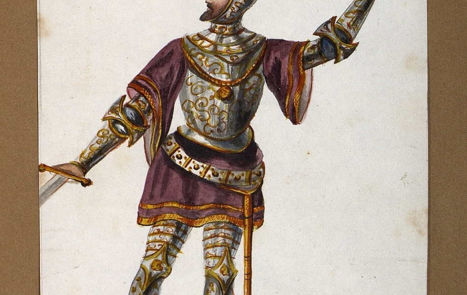 Homme de face avec le visage de profil tenant une épée dans la main droite.  L'homme est vêtu d'une armure complète très ouvragée et d'une tunique violette et porte des éperons d'or.  Une longue épée est supendue à sa ceinture.  Il est coiffé d'un heaume gris avec une grande plume blanche.
