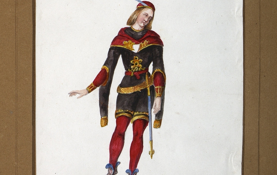Homme de face avec le visage de profil.  L'homme est vêtu d'une tunique noire bordée d'or sur des collants rouges et porte des chausses blanches avec des rayures rouges.  Une épée est suspendue à sa ceinture.  Il est coiffé d'un petit chapeau rouge avec une petite plume bleue.