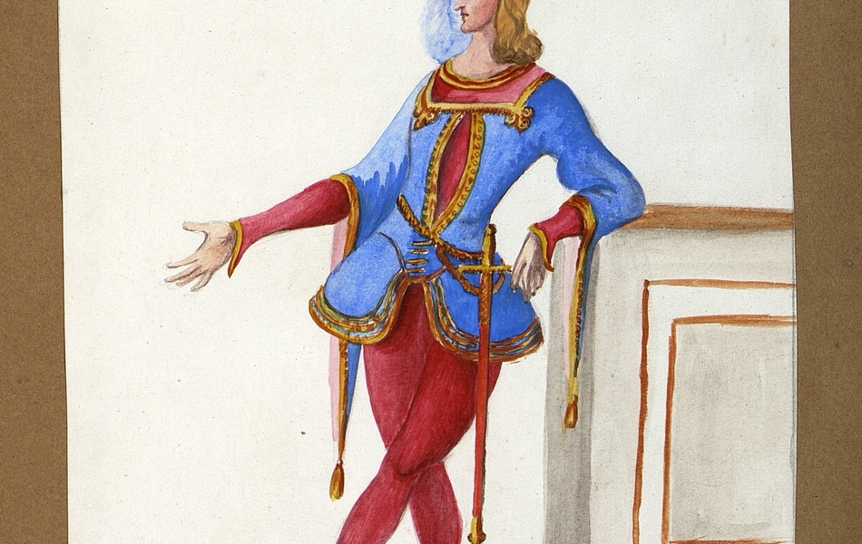 Homme de face avec le visage de profil.  L'homme est vêtu d'une tunique bleue bordée d'or sur des collants rouges et porte des chausses blanches avec des rayures rouges.  Une épée est suspendue à sa ceinture.  Il est coiffé d'un chapeau rouge avec une plume bleue et est adossé à un piédestal, le bras droit tendu.