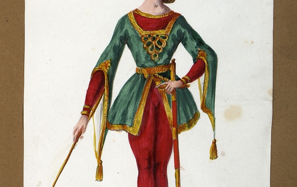 Homme de face tenant une canne dans sa main droite.  L'homme est vêtu d'une tunique verte bordée d'or sur des collants rouges et porte des chausses oranges avec des rayures noires.  Une épée est suspendue à sa ceinture.  Il est coiffé d'un chapeau rouge pointu.