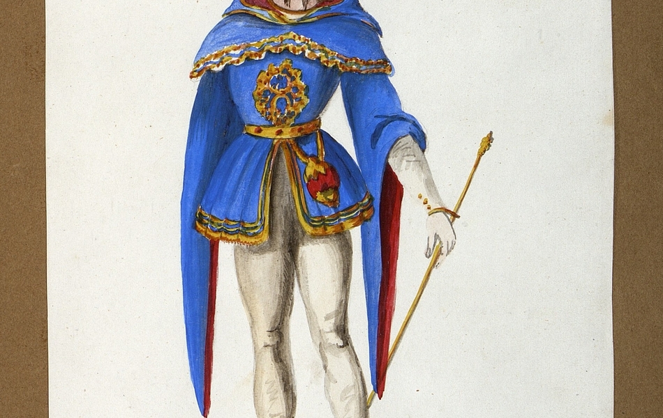 Homme de face tenant une canne d'or dans sa main gauche.  L'homme est vêtu d'une riche tunique bleue bordée d'or sur des collants blancs et porte des chausses bleues aux éperons d'or.  Il est coiffé d'un chapeau bleu cerlcé d'or avec une plume rouge.