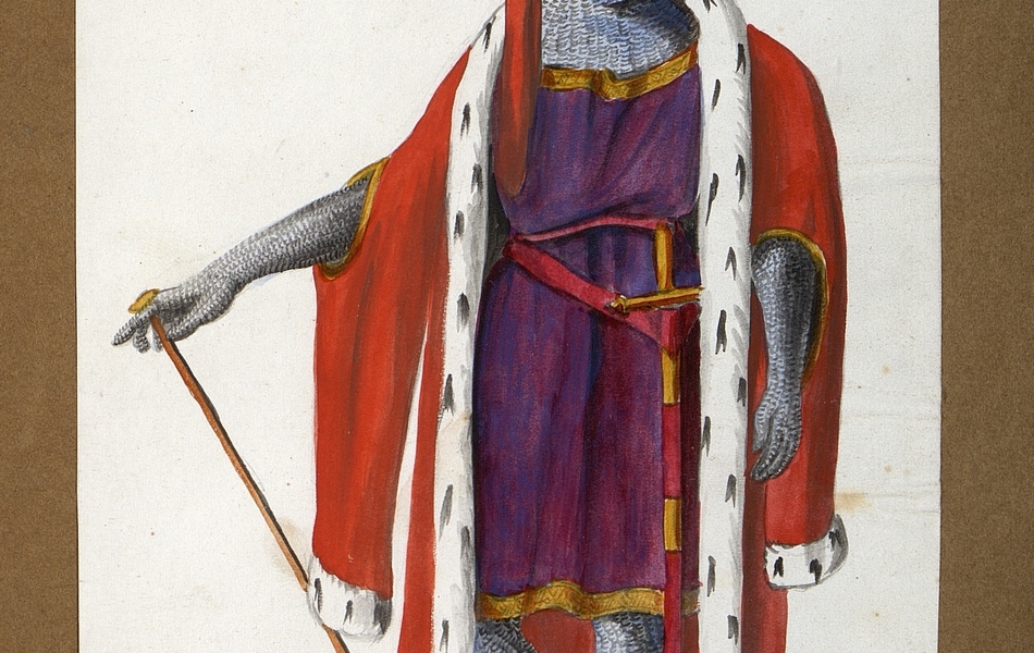 Homme de face tenant une canne dans sa main droite.  L'homme est vêtu d'une cotte de mailles et porte une tunique violette et une cape rouge bordé d'hermine.  Une longue épée est supendue à sa ceinture.  Il est coiffé d'un chaperon rouge.