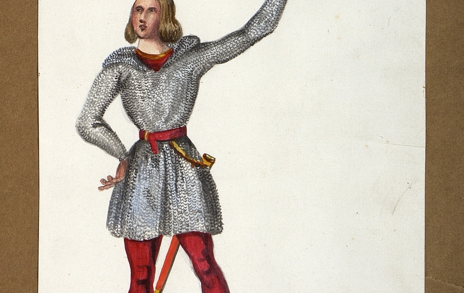 Homme de face tenant une épée de la main gauche.  L'homme est vêtu d'une cotte de mailles sur des collants rouges et porte des chausses jaunes avec des rayures rouges.  Un fourreau est suspendu à sa ceinture.