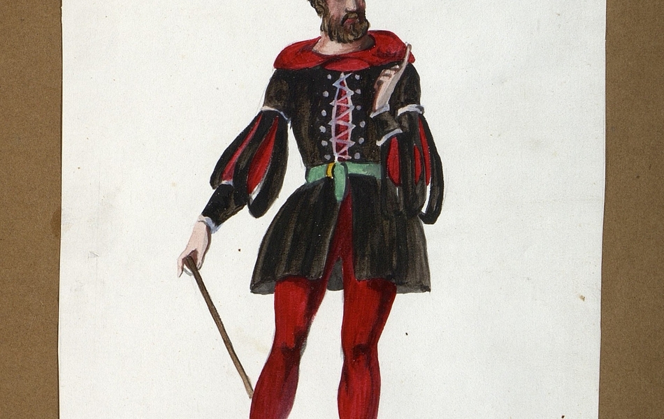 Homme de face tenant une canne dans sa main droite.  L'homme est vêtu d'une tunique noire sur des collants rouges et porte des chausses jaunes.  Il est coiffé d'un chapeau vert cerclé de rouge.