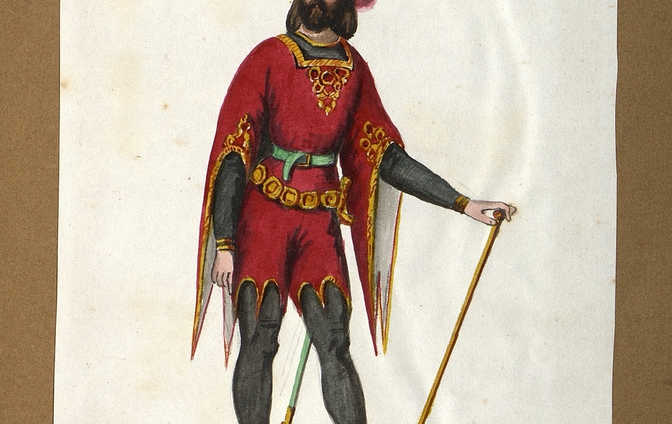 Homme de face appuyé sur une canne.  L'homme est vêtu d'une tunique rouge bordée d'or sur un justaucorps noir et porte des chausses noires.  Une épée est supendue à sa ceinture.  Il est coiffé d'un béret noir avec une grande plume rouge.