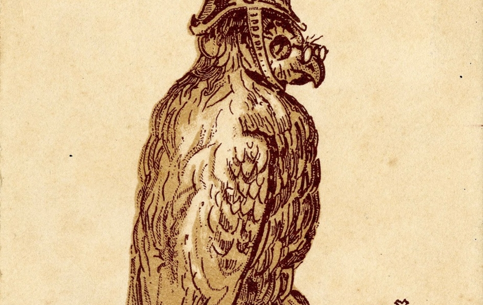 Carte postale sépia ayant pour titre "Un des oiseaux de malheur" (modèle 1914 suivi de deux points d'exclamation). 