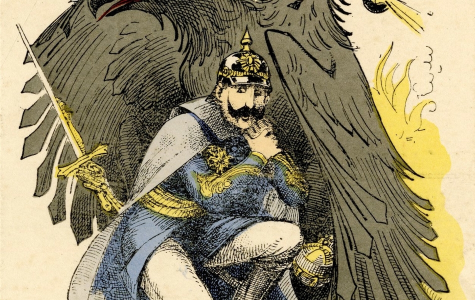 Carte postale en couleur titrée "Le Châtiment". Le Kaiser, apeuré, se tient accroupi. Il est protégé des boulets de canon par les grandes ailes de l'aigle royal bicéphale. L'une des têtes verse deux larmes. À ses pieds, le drapeau est taché d'une empreinte sanglante de main.