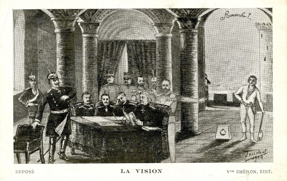 Carte postale en noir et blanc ayant pour titre "La vision". Le Kaiser, debout à gauche, répond de ses actes devant un tribunal militaire allemand. Sur la droite, on voit un bourreau vêtu avec des habits moyenâgeux, s'appuyant sur une hache en train d'attendre le condamné à côté du billot.