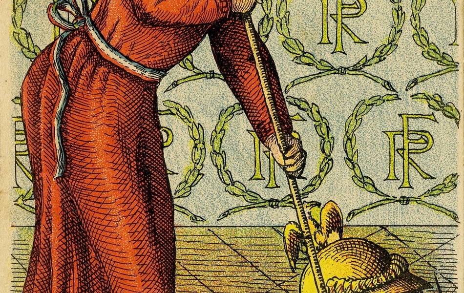 Carte postale en couleur ayant pour titre "Le coup de balai". Elle représente une Marianne vêtue d'une robe rouge et d'une ceinture tricolore, en train de balayer la tête du Kaiser. En arrière-plan, le papier peint a pour motif les initiales de la République Française entourées d'une couronne de lauriers.