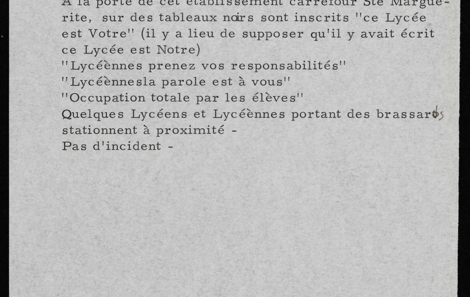 Note : "Message reçu de la gendarmerie le 20 mai 1968 à 15h30mn. À 14h45 environ 150 manifestants (garçons et filles) se sont rassemblés rue de Beaufort à Arras...".