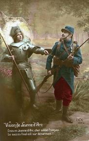 Carte postale couleur montrant un soldat guidé par une femme en armure portant un étendard.