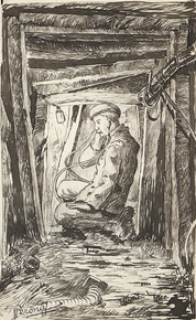 Soldat accroupi dans un abri souterrain.