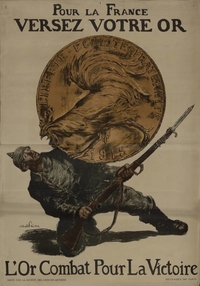 Affiche en couleur sur laquelle on voit un soldat allemand, avec sa baïonnette, écrasé par un franc en or de 1915. Un coq en sort, bec ouvert, pour attaquer le soldat.