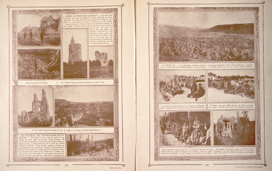 Planches de presse imprimées montrant des photographies noir et blanc du plateau de Lorette détruit (ruines de l'église et du village) et des soldats au front.